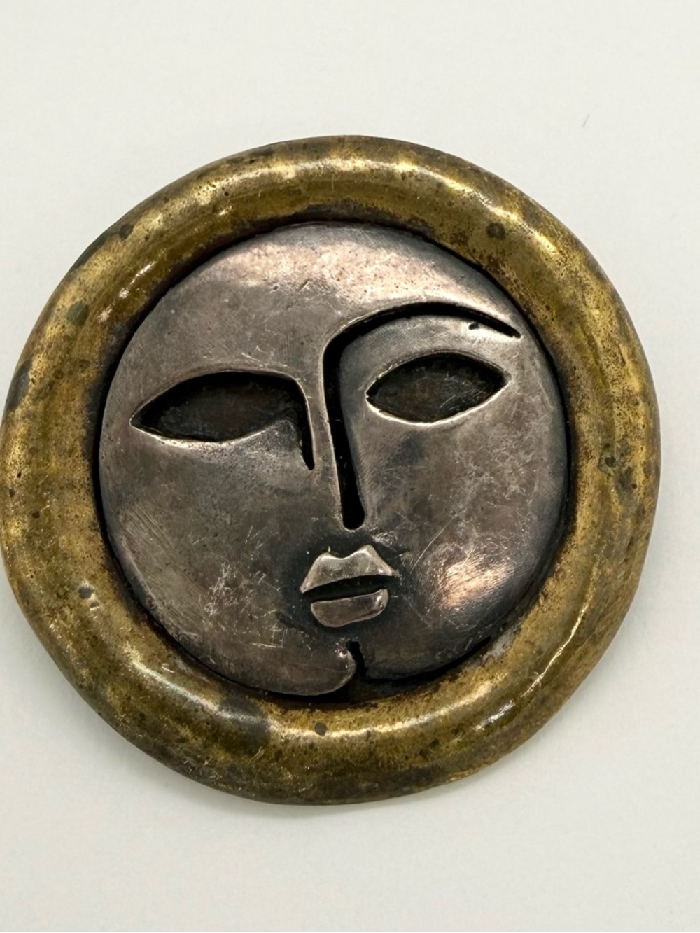 Abstract Moon Face 9.25 Sterling Silver Pin Brooch Brass 19.5g